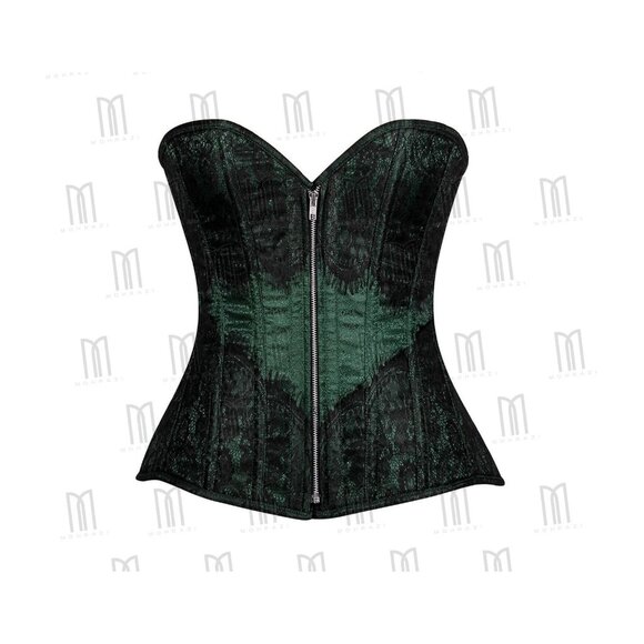 Dark Green and Black Overbust Corset with Eyelash Lace Overlay & Silver Zipper